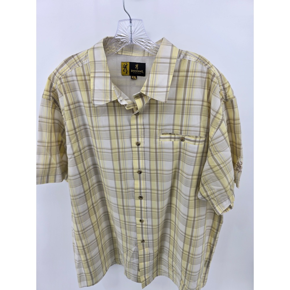 Browning Mens XXL Short Sleeve Plaid Button Up Shirt Yellow Tan Ventilated Mesh